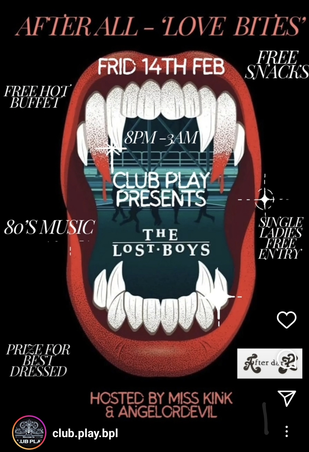 🩸THE LOST BOYS 🩸@ Club Play. Frid 14th Feb 2025. 8pm - 2am