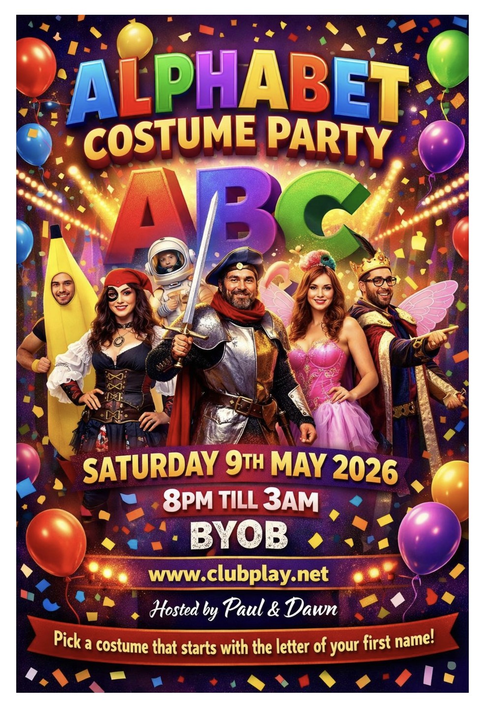 Sat 9th May - Club Play 🦸Alphabet Costume Party🧚 Fancy Dress With A Difference