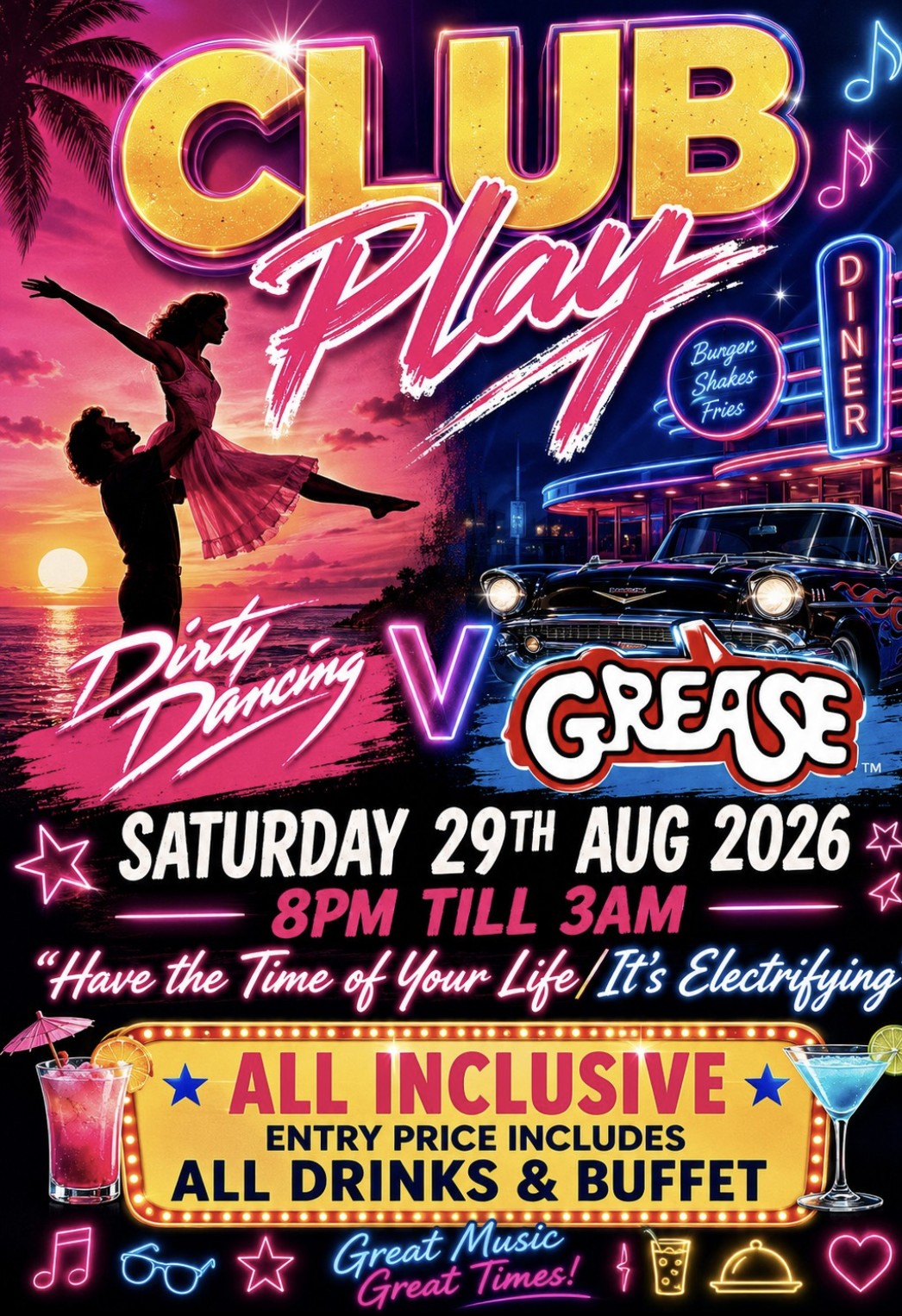 8th Anniversary Party 🎉 Club Play 29th Aug 8pm till 3am 💃Dirty Dancing v Grease🏝️“Have the Time of Your Life/It’s Electrifying”⚡