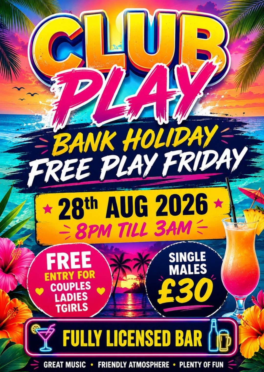 Fri 28th Aug BANK HOLIDAY FREE PLAY FRIDAY 🆓 FREE ENTRY COUPLES LADIES TGIRLS FULLY LICENSED BAR