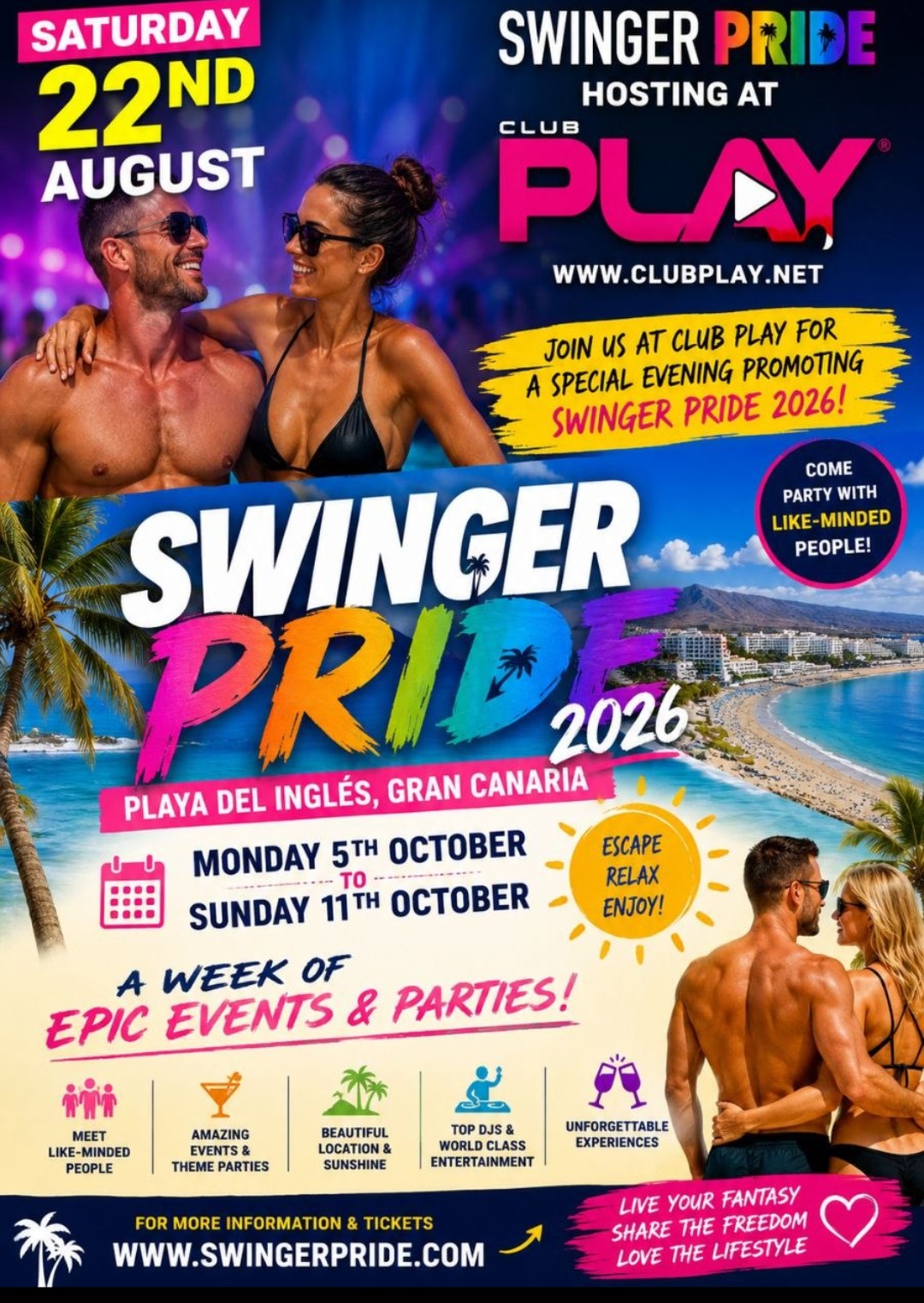 22nd Aug Swingers Pride Hosting at Club Play - Road to Swingers Pride Gran Canaria 2026
